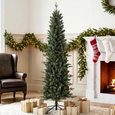 HOMCOM Slim Pine Xmas Tree 6ft Foldable Steel Stand Green