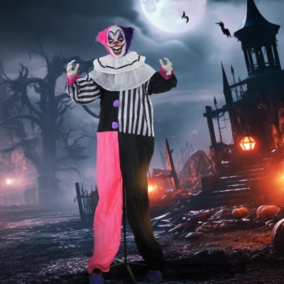 HOMCOM Griezel-Clown Halloween Decoratie, beweegbaar, Lachfunctie, Roze+Paars