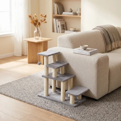 PawHut Escalier Réglable 3/4 Marches Chat Chien Sisal Gris