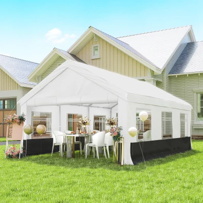 Outsunny Tenda para Festas 4x6 m, Tenda de Jardim com Paredes Removíveis, 2 Portas e Janelas UPF30+ para Casamentos, Cinzento e Branco