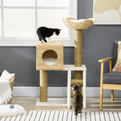 PawHut Krabpaal met Kattenhuis, Sisal Krabpalen, Wasbare Kussens, 100,5H x 57L x 37B cm, Wit/Natuur