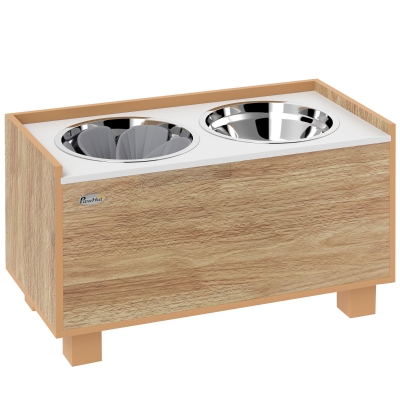 PawHut Comedouro para Cães Elevado com Sistema de Alimentação Lento Espaço de Arrumação 2 Tigelas de 2L de Aço Inoxidável 60x30x35,5 cm Madeira