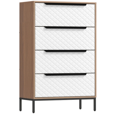 HOMCOM Cómoda com 4 Gavetas de Tecido Frentes com Padrão de Diamante Móvel de Arrumação 59,5,5x30x92,5 cm Madeira e Branco
