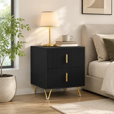 HOMCOM Fluted Bedside Table Modern Black Gold