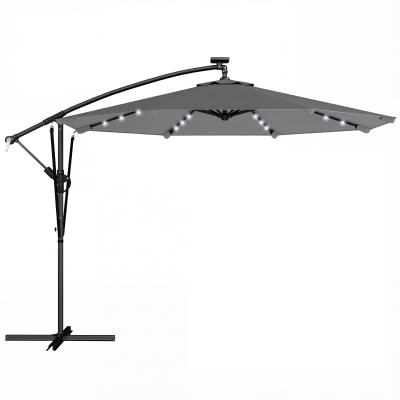 Outsunny Chapéu de Sol Excêntrico com Luzes LED Solares 330x295 cm Chapéu de Sol para Jardim com Base Cruzada Manivela Capa Protetora Cinzento Escuro