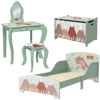 ZONEKIZ Kids Bedroom Set Bed Frame & Toy Chest Green