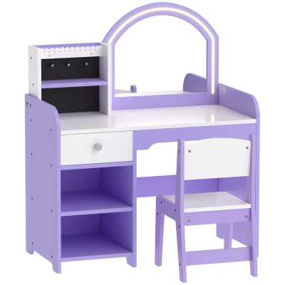 AIYAPLAY Kids Vanity Set, Girls Dressing Table with Stool, 2-Colour Lights Mirror, Pretend Dresser Gift for Ages 3-8, Purple