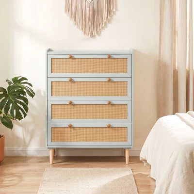 HOMCOM Comodă cu 4 sertare din lemn și ratan PVC, stil boem, pentru dormitor, hol, coridor, 80x40x109,2cm, Verde salvie