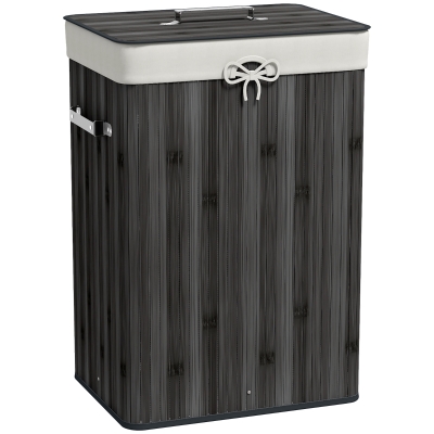 HOMCOM Cesto de Roupa de Bambu Dobrável Cesto para Roupa Suja com Tampa e Bolsa Amovível 40x30x60 cm Cinza Escuro