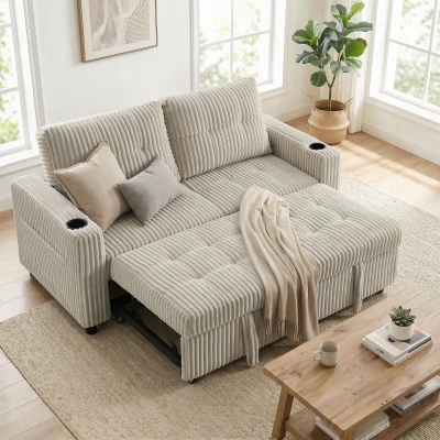 HOMCOM Corduroy 2-Seater Click Clack Sofa Bed Pull-Out Cream White