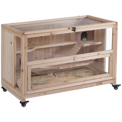 PawHut Wooden Hamster Cage 3-Tier Play House with Wheels Natural Wood 99x50x69cm