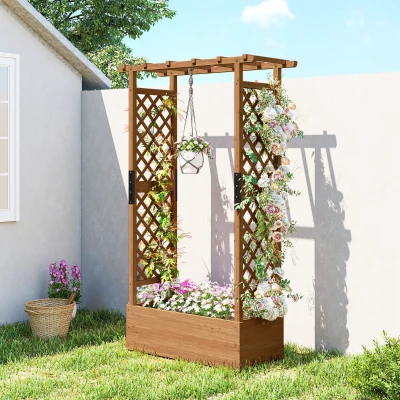 Outsunny Verhoogd bed met klimrek en dak, voor bloemen, fruit, groenten, kruiden, 110 x 44 x 181 cm, hout, Oranje