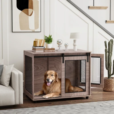 PawHut Hondenbox, Vervoersbox voor Honden, Terugtrekbox voor Huisdieren, Afsluitbare Deuren, 98 x 60 x 78 cm, Lichtbruin