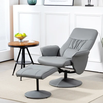 HOMCOM 2-delige Fauteuil Set met Poef, Relaxfauteuil met Poef, Hoogteverstelbaar, Kanteelbare Rugleuning, Lichtgrijs