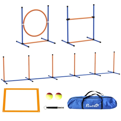 PawHut Honden-Agility-Set Hondenparcours, 1 Ring, 1 Horden, 1 Slalom-Set, 352 cm x 66 cm x 69 cm, Blauw + Rood