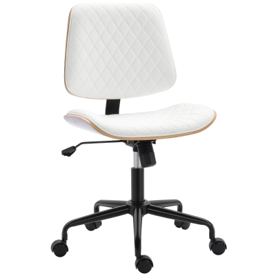 HOMCOM Cadeira de Escritório sem Braços Giratória Estofada em Couro Sintético com Encosto Curvado Assento em Forma de U Altura Ajustável Basculante 48,5x53x88-98 cm Branca