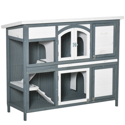 PawHut 2 Tier Wooden Rabbit Hutch with Ramp 125x48cm Grey