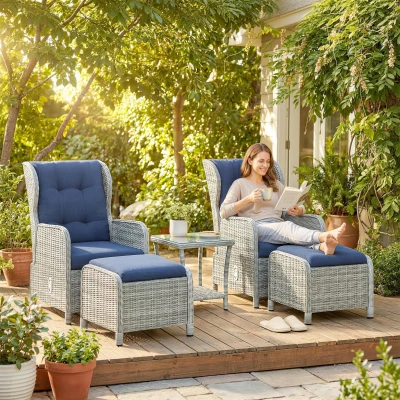 Outsunny 5pc Rattan Reclining Chair Set with Cushions, Blue