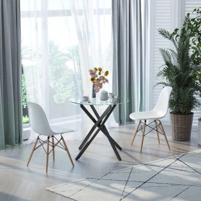 HOMCOM Round Dining Table Glass Top Metal Legs Black