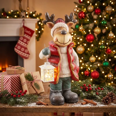 HOMCOM Kerstdecoratie, rendier met lantaarn, led, op batterijen, 25,5 x 19,5 x 52 cm, rood