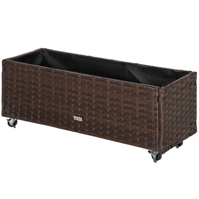 Outsunny Hochbeet Poly Rattan mit Rollen Pflanzkasten mit Abflusslöchern Blumenkasten Blumenkübel Kaffee-Braun 94,5 x 31 x 36 cm