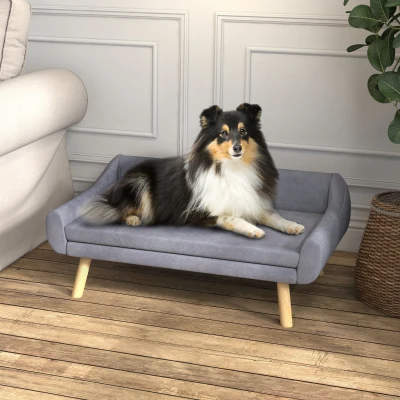 PawHut Hondenbank, Scandinavisch design, met afneembare bekleding in fluweelachtige stof, 102 cm x 58,5 cm x 42,5 cm, Grijs + Natuurlijk