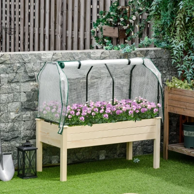 Outsunny Verhoogd Bed, Oprolbare Folieafdekking, Natuurlijk Houten Frame, Stofvoering, Afvoeropeningen, 121 x 55 x 117cm