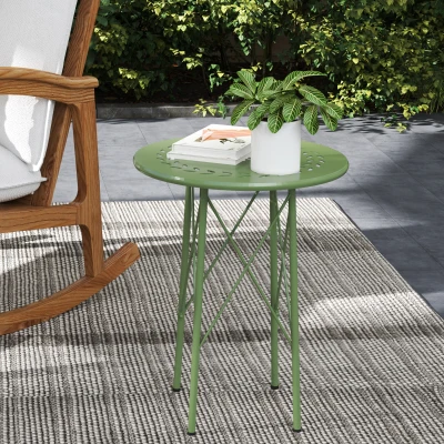 Outsunny Kleine ronde bijzettafel, tuintafel met bloem- en bladpatroon, van staal, Ø 40 x 50 cm, groen