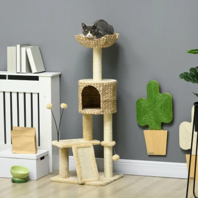 PawHut Krabpaal met Kattenhol, Ligplatform, Speelbal, 45x40x116cm, Bruin/Beige