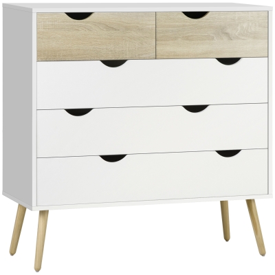 HOMCOM Commode 5 Tiroirs Scandinave Blanc Chêne 99x39x101cm