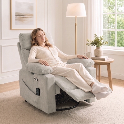 HOMCOM Elektrische relaxfauteuil met draaifunctie en schommelfunctie, massage & warmte, 3D-armleuningen, USB-C/USB-aansluitingen, lichtgrijs