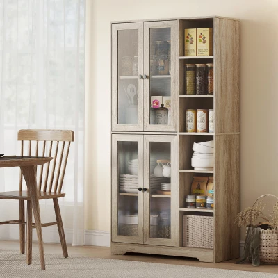 HOMCOM Armário de Cozinha Móvel Auxiliar de Cozinha com Prateleiras Abertas e 4 Portas de Vidro 90x35x172 cm Cinza Claro