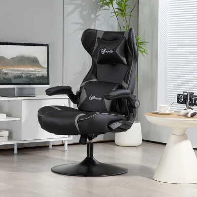 Vinsetto Gaming Stuhl mit Schaukelfunktion und Lautsprecher, Lenden- und Nackenstütze, für Spielzimmer, Kunstleder, Grau+Schwarz