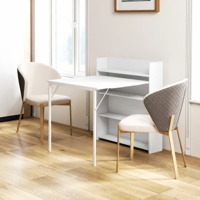 HOMCOM Table à manger pliante, table de cuisine pour 3 personnes, plateau à abattant et 4 étagères, 78,5x91x93cm, blanc