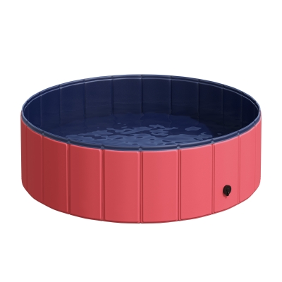 PawHut Hundebadewanne faltbar Hundepool Schwimmbecken Swimmingpool Plantschbecken Badewanne für Hunde & Katzen Wasserbecken aus Kunststoff, Holz Ø100 x H30 cm Rot