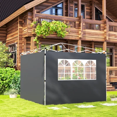 Outsunny Paredes Laterais para Tenda de 295x200 cm 2 Painéis de Tecido Oxford de 300x200 cm com Janela para Festas Cinzento Escuro