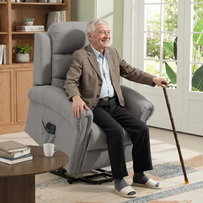 HOMCOM Fotoliu Power-Lift relax cu masaj prin vibrații și funcție de încălzire, fotoliu cu ridicare, port USB, buzunare laterale și telecomandă, Gri deschis