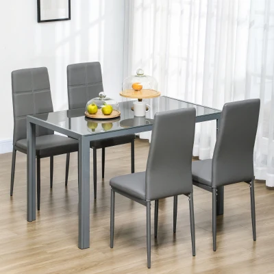 HOMCOM Conjunto de Sala de Jantar 5 Peças com Mesa Retangular de Vidro Temperado e 4 Cadeiras em PU Cinzento