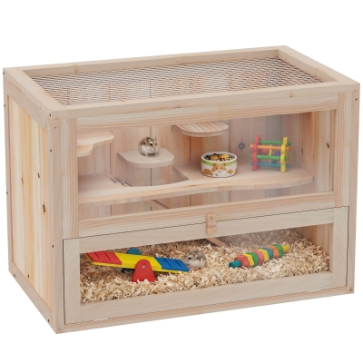 PawHut Jaula para Hámster de Madera de 2 Niveles Casa para Animales Pequeños con Plataformas Escaleras 60x35x42 cm Madera Natural