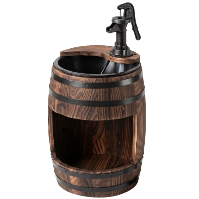 Outsunny Gartenbrunnen Zierbrunnen Springbrunnen Fassbrunnen Wasserfall Holzfass mit Pflanzgefäß Tannenholz Dunkelbraun Ø27 x 59 cm
