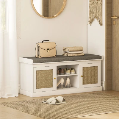 HOMCOM Banco Sapateira com Assento Acolchoado Portas em Vime e Prateleira Aberta para 9 Pares de Sapatos 105x35x47 cm Branco