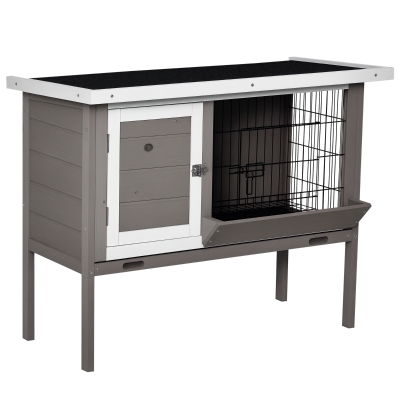 PawHut Coelheira de Madeira Exterior Gaiola Elevada para Coelhos Cobaias Animais Pequenos com Teto Asfáltico Abatível Comedouro Bandejas Removíveis e 2 Portas 91x46x71cm Cinza