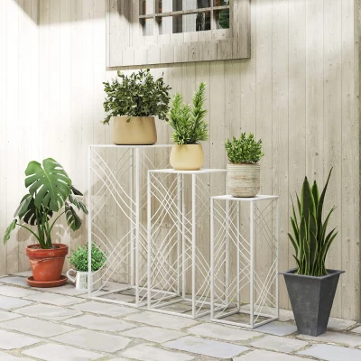 Outsunny 3er-Set Pflanzenständer, 50/60/70 cm hoch Blumenständer, stapelbar Pflanzenregal aus Metall Weiß