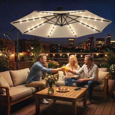 Outsunny Ampelschirm LED Solar ca. Ø300 cm Drehbar Sonnenschirm mit Kurbel Ständer Schutzhülle Beige