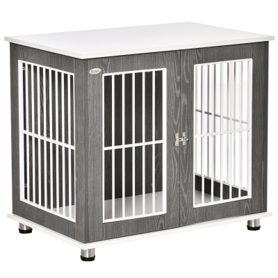 PawHut Transportbox für mittelgroße und kleine Hunde, verriegelbar Holzwerkstoff Stahl Grau + Weiß
