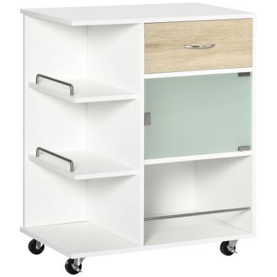 HOMCOM Carrinho de Cozinha com 1 Gaveta Porta de Vidro e Prateleiras Abertas Carrinho Auxiliar com Rodas 65x39x80cm Madeira