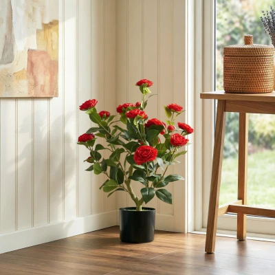 HOMCOM Planta Artificial de Camélia 65 cm com Flores Realistas de Seda 116 Folhas e Efeito de Musgo Vermelho