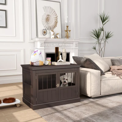 PawHut Gaiola para Cães com Mesa Auxiliar 3 Portas Francês e Fecho Magnético para Cães Pequenos 78x53x59,3 cm Castanho