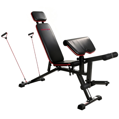 SPORTNOW Hantelbank verstellbar bis 300 kg 3 in 1 Trainingsbank mit Rollen Beinstrecker Curlpult Kopfstütze Widerstandsbändern