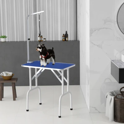PawHut Mesa de Tosquia para Cães Dobrável com Braço Ajustável entre  60-104 cm e Bancada de Borracha Antiderrapante 81x48,5x80 cm Azul